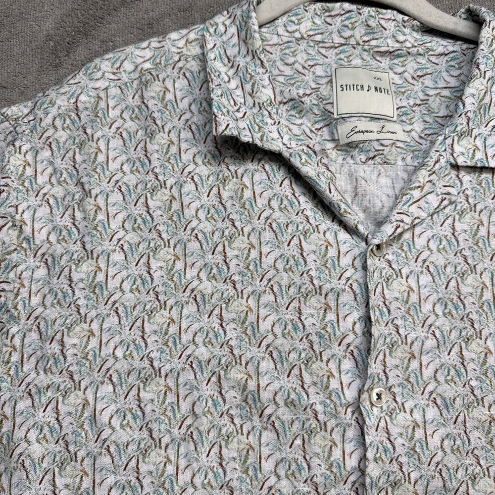 Linen Button Up Shirt Men's XXL Short Sleeve‎ Floral Resort Stitch